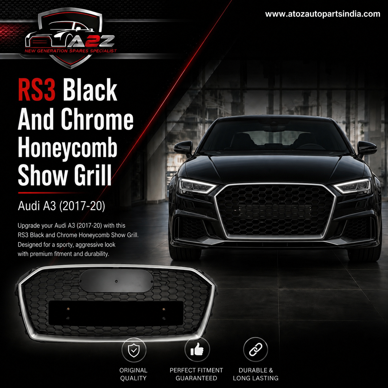 RS3 Black And Chrome Honeycomb Show Grill Compatible With Audi = A3 (2017-20) Tag No.97