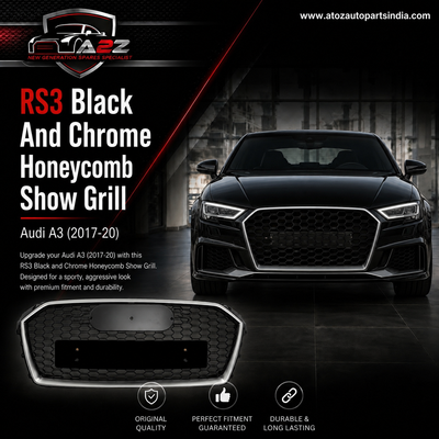RS3 Black And Chrome Honeycomb Show Grill Compatible With Audi = A3 (2017-20) Tag No.97