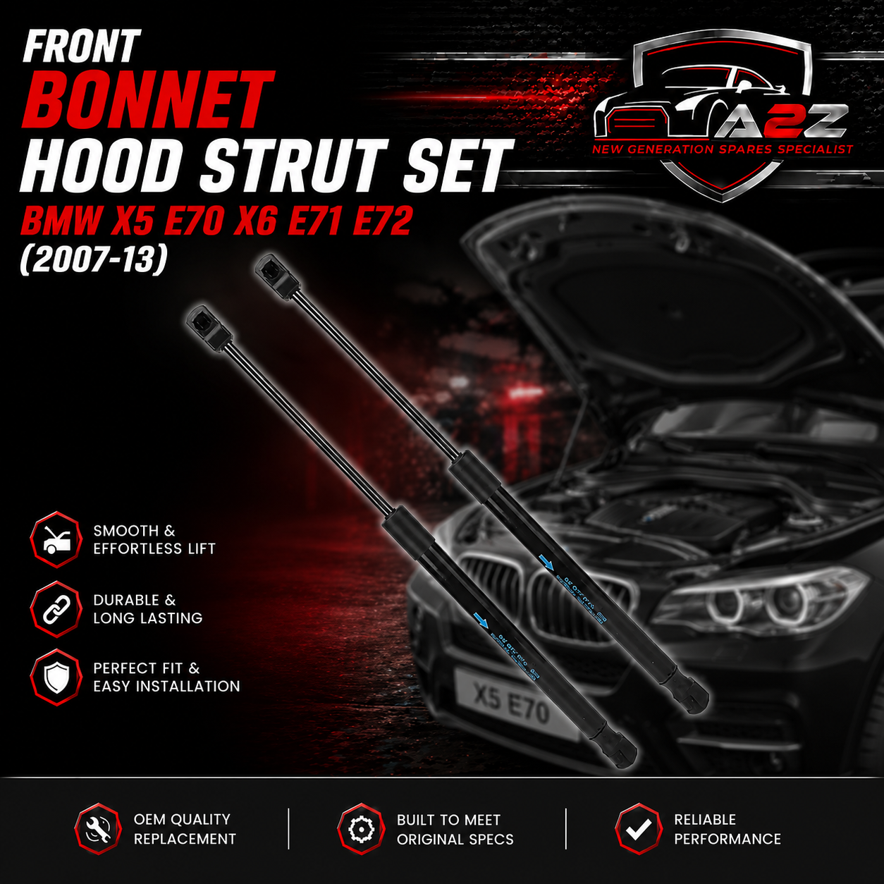 Front Bonnet Hood Strut Set 51237148346 Compatible With BMW X5 (E70) & X6 (E71, E72)