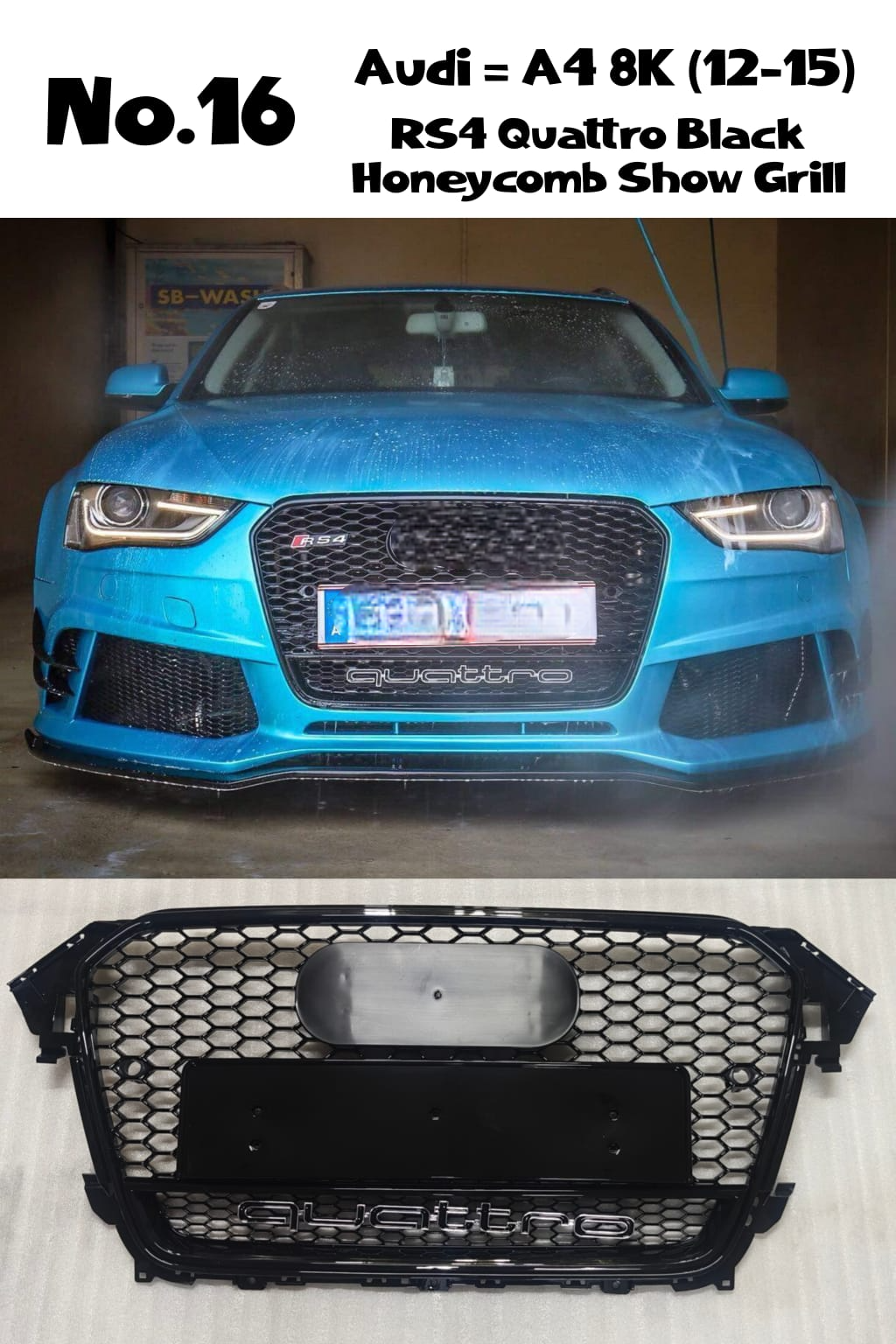 RS4 Quattro Black Honeycomb Show Grill Compatible With Audi A4 B8 Facelift (2012-15) Tag No.16