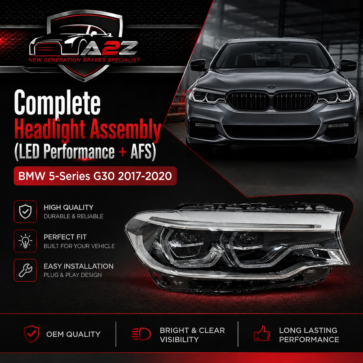 Complete Headlight Assembly (LED Performance + AFS) Right 63117214962 & Left 63117214961 Compatible With BMW 5-Series G30 2017-2020 Tag No.73