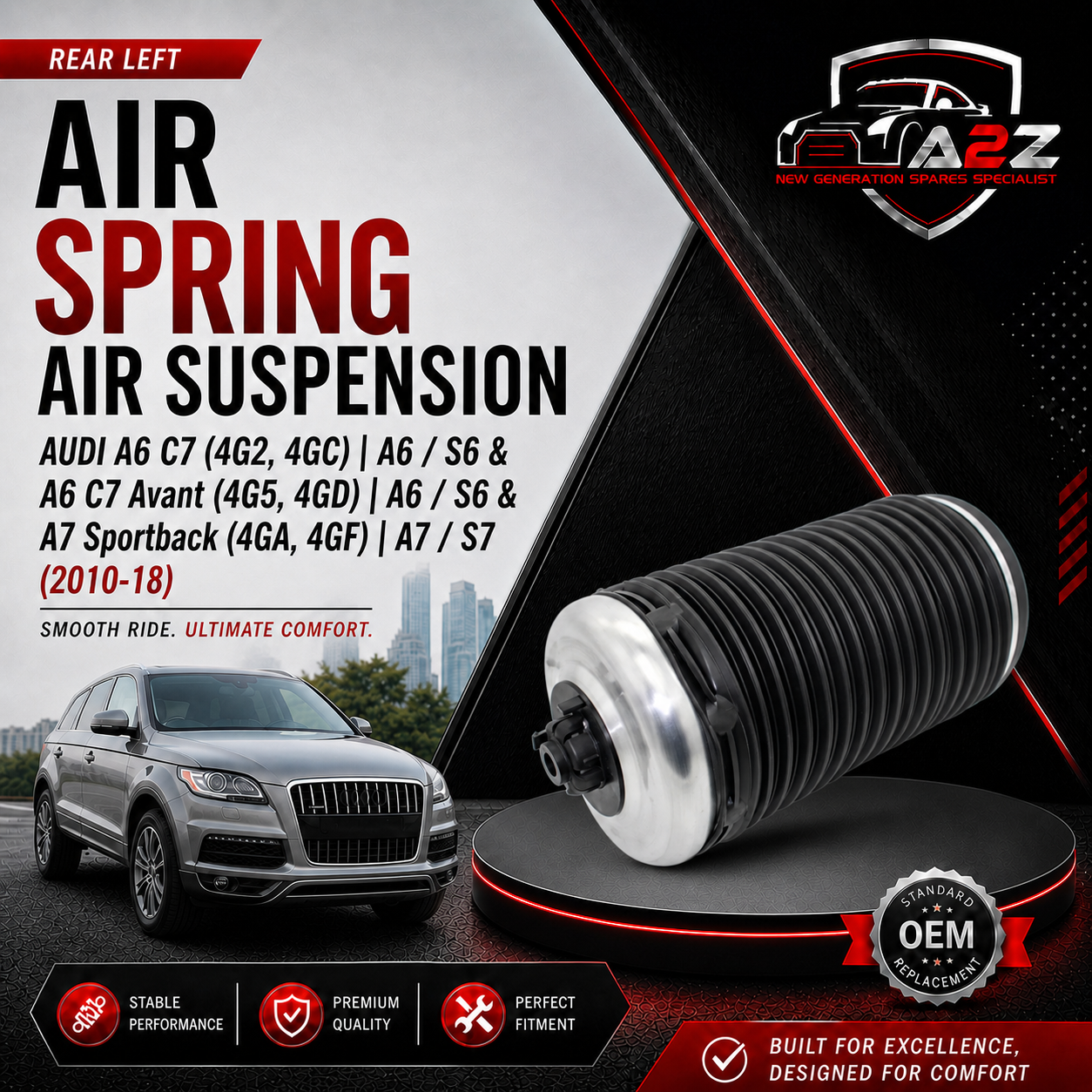 Rear Right Air Spring Air Suspension 4G0616002Q 4G0616002R 4G0616002K 4G0616002S 4G0616002T Compatible With AUDI A6 C7 (4G2, 4GC) | A6 / S6 & A6 C7 Avant (4G5, 4GD) | A6 / S6 & A7 Sportback (4GA, 4GF) | A7 / S7 (2010-18)