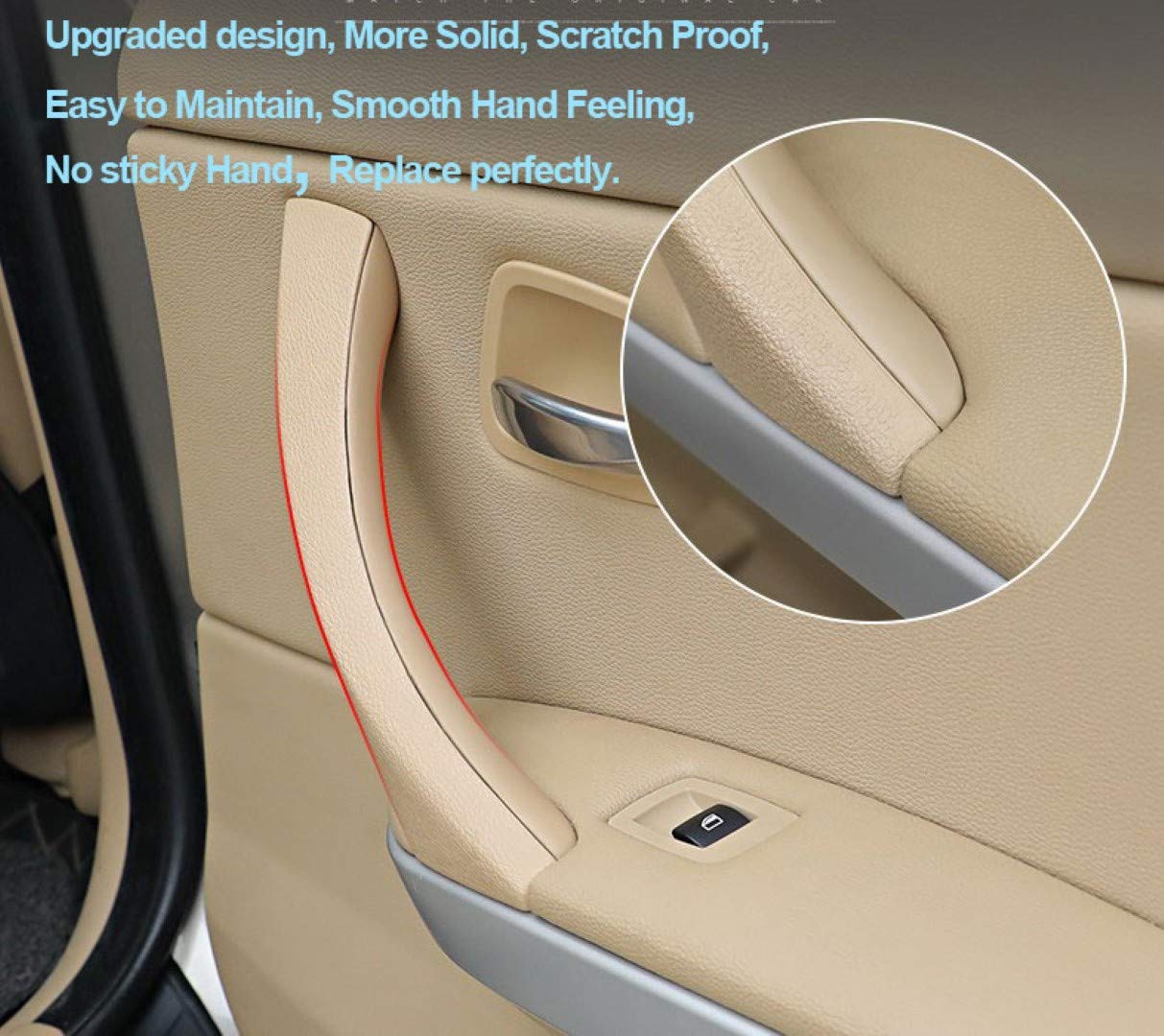 Beige textured interior armrest with chrome pull and window switch showing replacement Door Handle for BMW 3 by A to Z Auto Parts