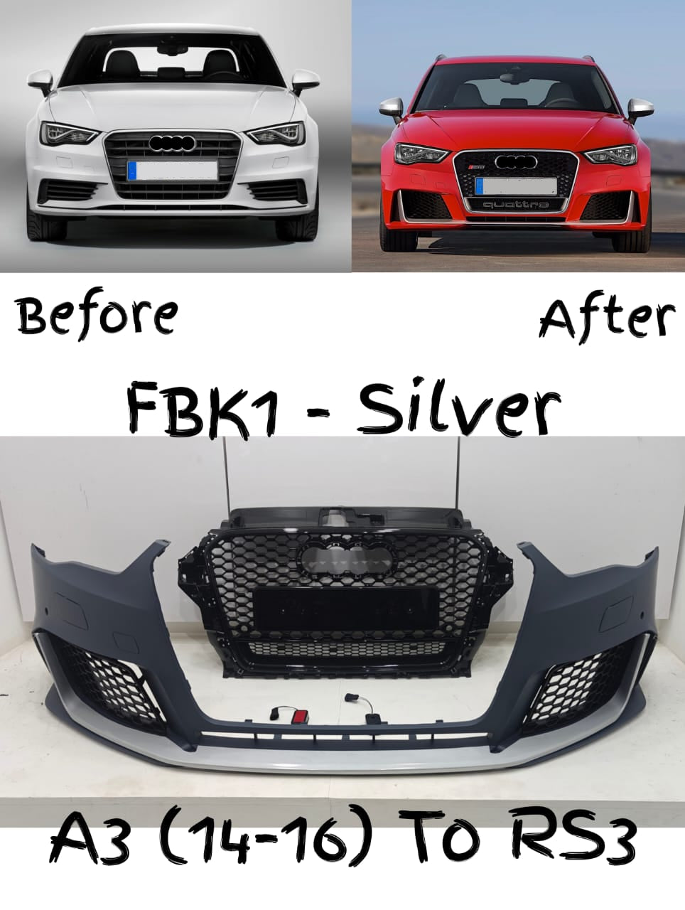 Front Bumper Bumperkit (Silver) FBK1 Compatible With Audi A3 (2014-16) Upgrade Into RS3