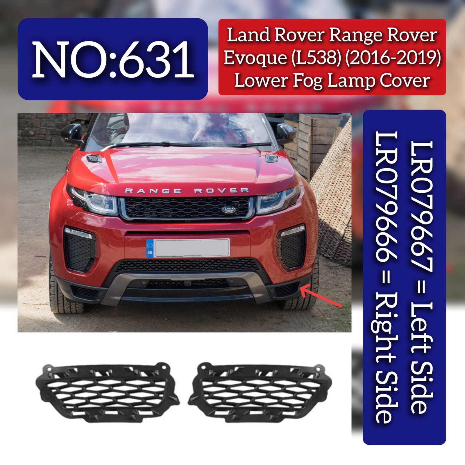 Lower Fog Lamp Cover Left LR076667 LR079667 & Right LR076666 LR079666 Compatible With Land Rover Range Rover Evoque (L538) (2016-2019) Tag No.631
