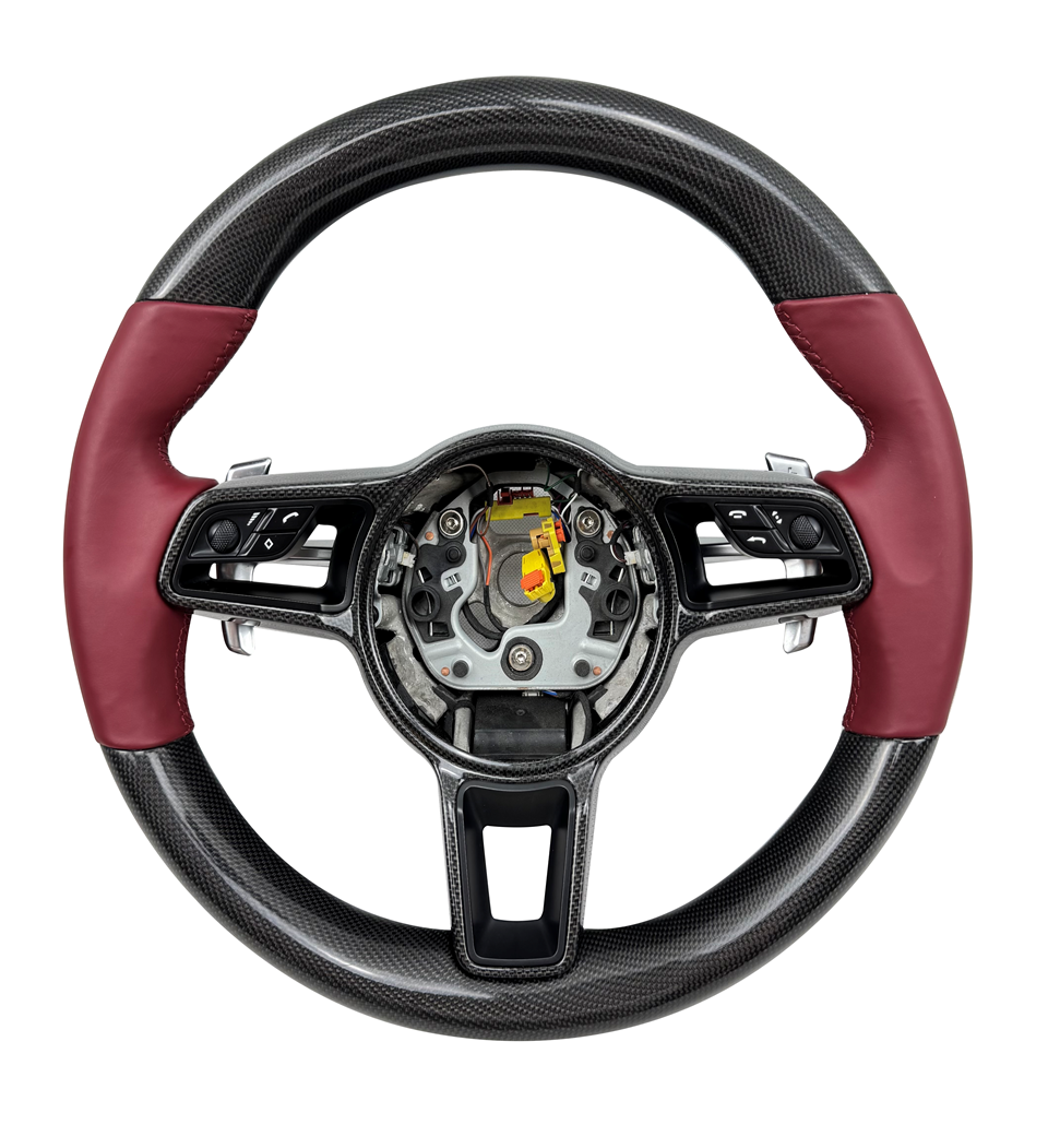 Carbon Fiber & Burgundy Leather Steering Wheel Compatible With Porsche All Models