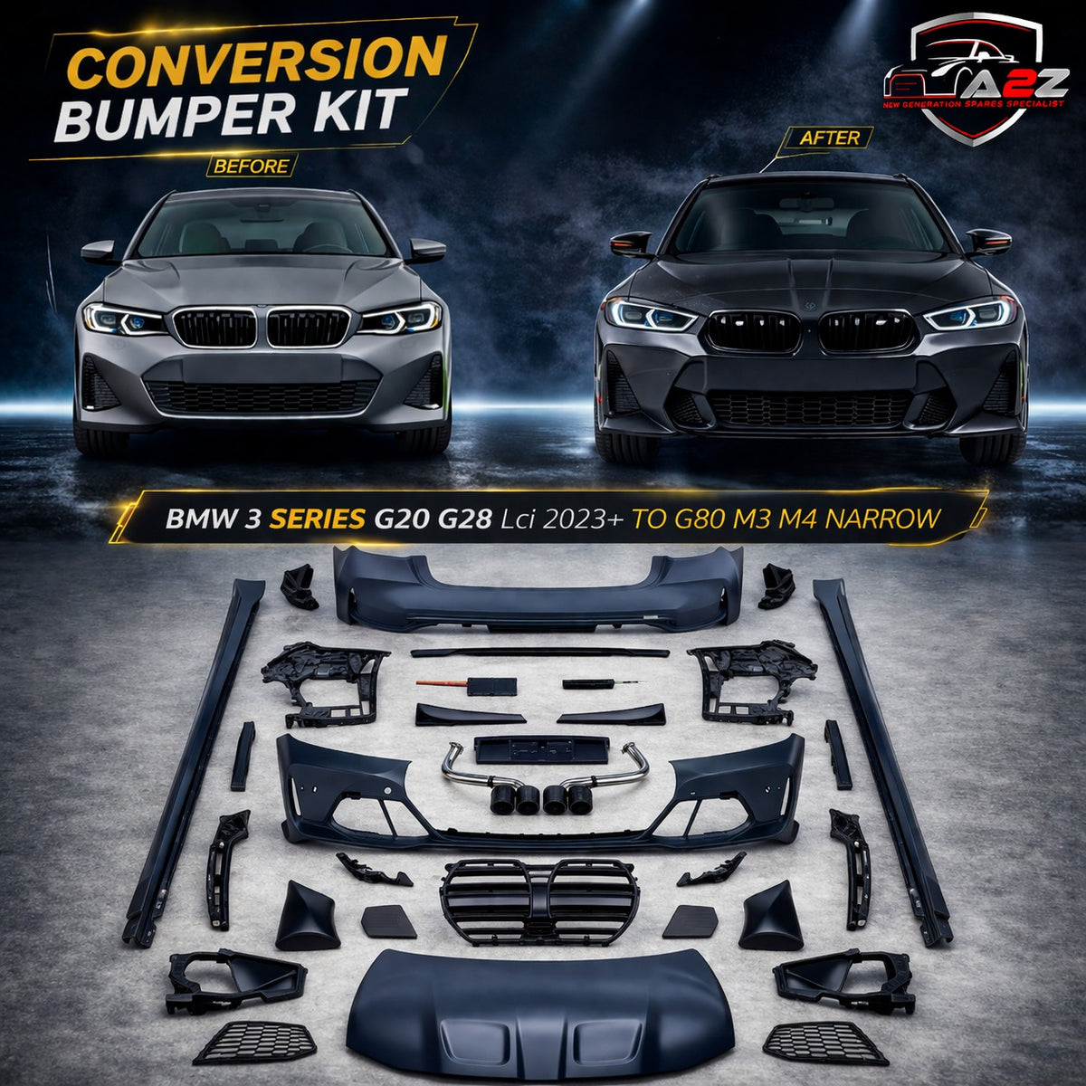 A To Z Compatible With Bmw 3 Series G20 G28 Lci 2023+ Upgrade Convert To G80 M3 M4 Narrow Body Kit Bumper Grill Fender Hood Side Skirts Grill Diffuser Exhaust Pipe Tip CC-9790 (Shipping Cost Not Included In Price)