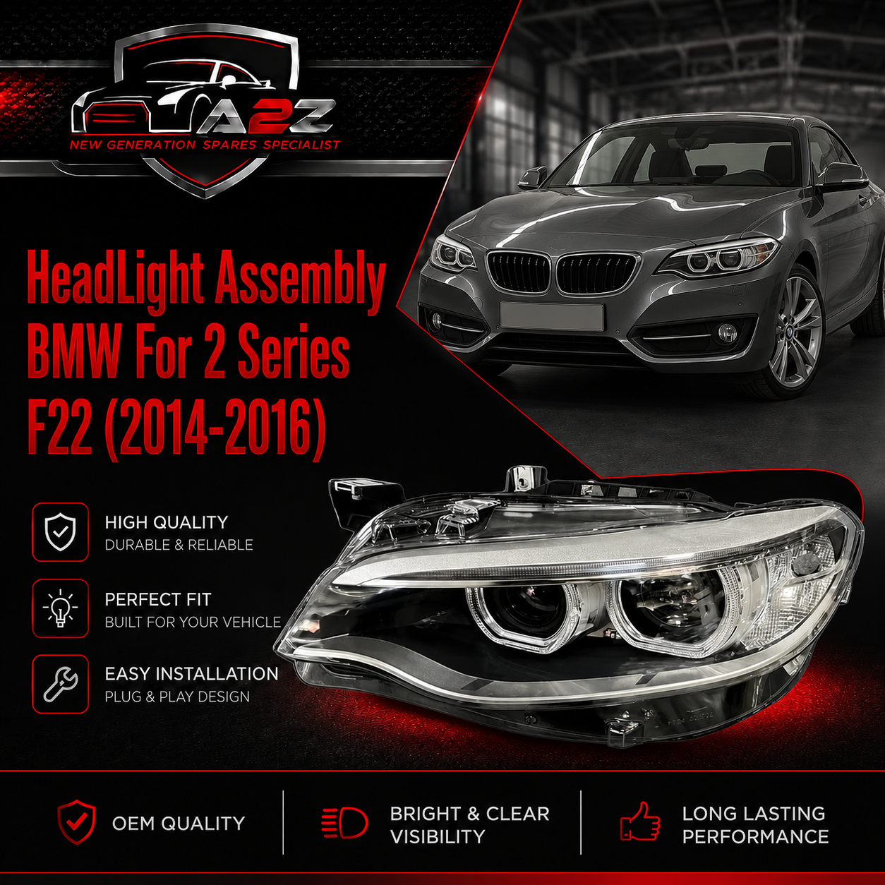 Complete Headlight Set Left 63117388927 & Right 63117388928 Compatible With BMW For 2 Series F22 2014-2016