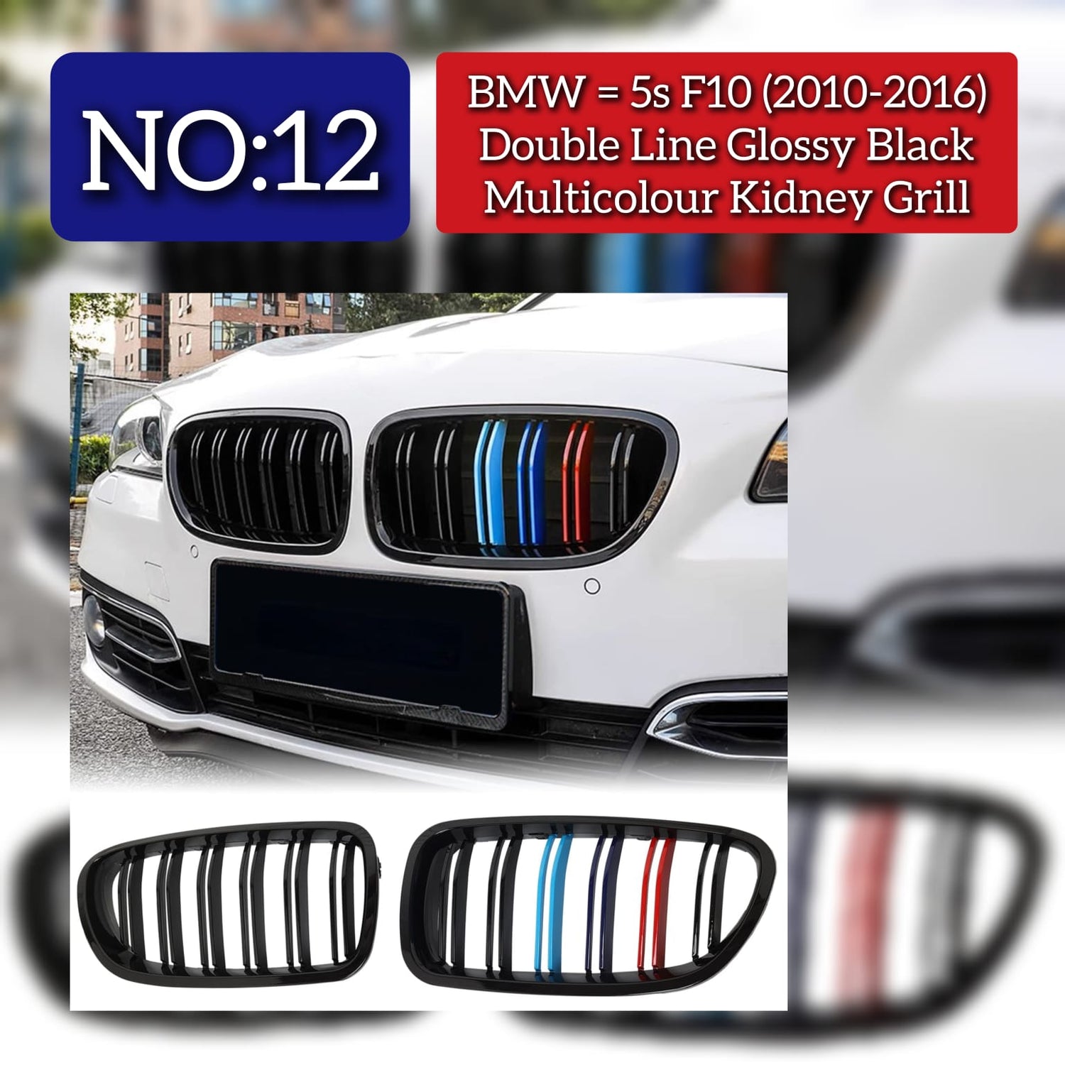 Double Line Glossy Black Multicolour Kidney Grill Compatible With BMW 5s F10 (2010-2016) Tag No.12