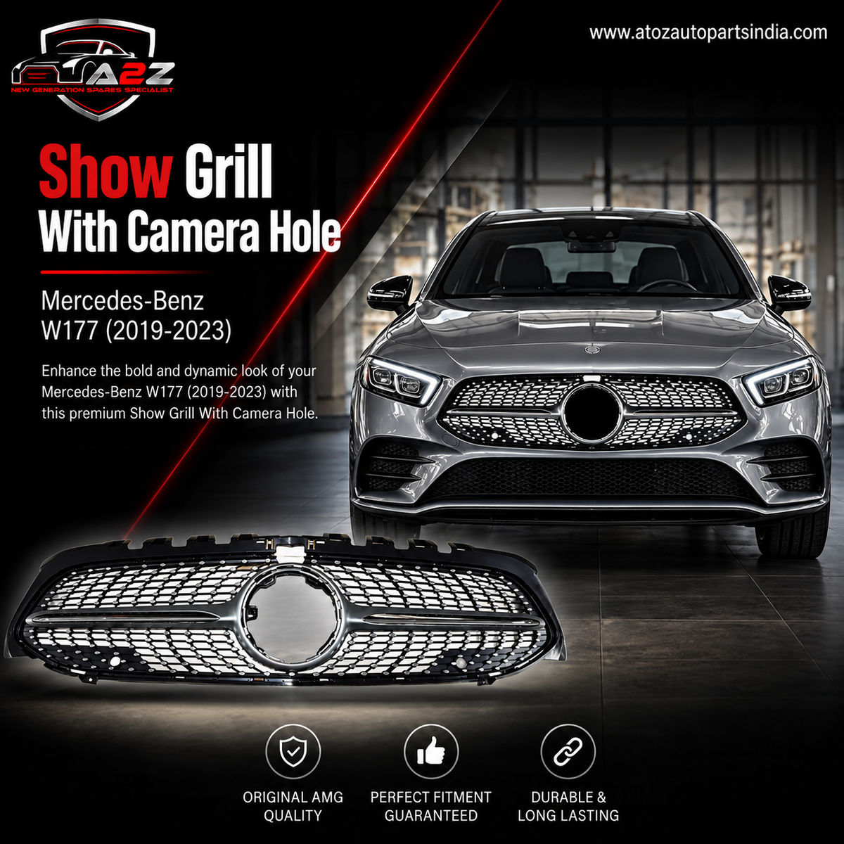 Show Grill With Camera Hole 1778807903 1778807903B Compatible With Mercedes-Benz A-CLASS W177 (2019-2023) Tag No.113
