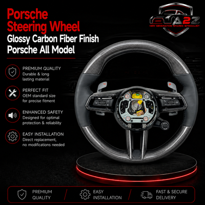 Gloss Carbon Fiber Steering Wheel (Black Leather Grip) Compatible With Porsche All Models