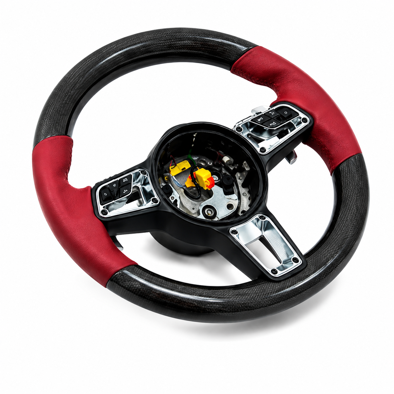 Carbon Fiber & Burgundy Smooth Leather Steering Wheel Compatible With Porsche All Models