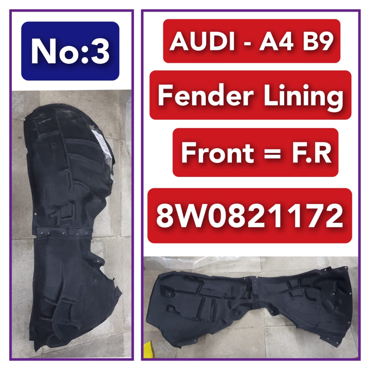 Front Right Fender Linning 8W0821172 8WD821172 Compatible With Audi A4 (B9) Tag No.3