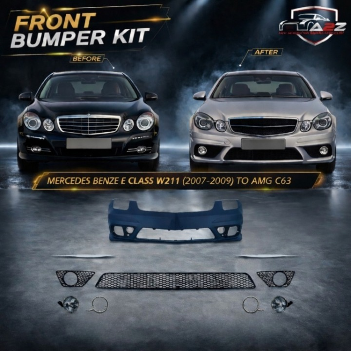 A To Z Compatible With Mercedes Benz E Class W211 (2007-2009) Front Bumper Upgrade Convert To Amg C63 Bumper Body Kit With Fog Lamp W211-001 Gc CC-9478 (Shipping Cost Not Included In Price)