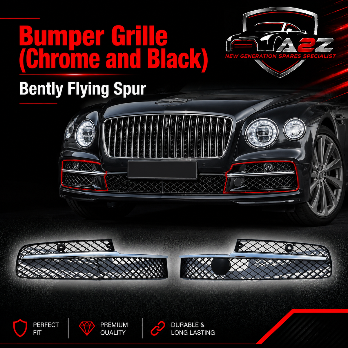 Bumper Grille (Chrome and Black) Left 4W0807647D & Right 4W0807648H Compatible With Bently Flying Spur