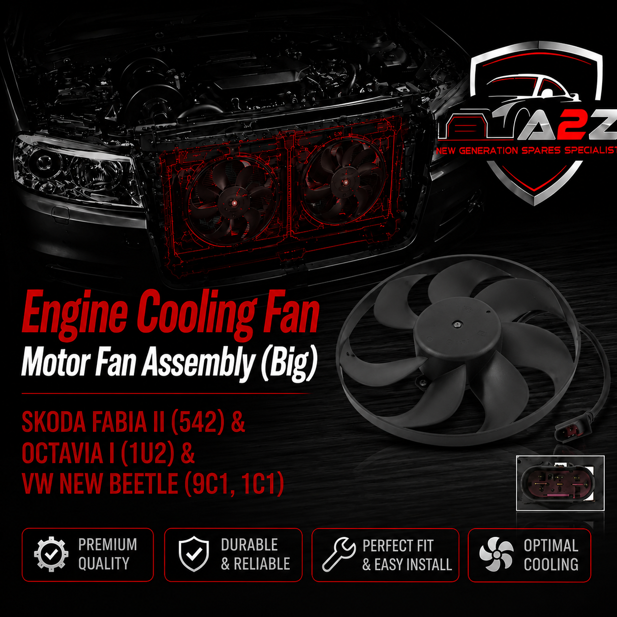 Engine Cooling Fan Motor Fan Assembly (Big) 6Q0959455Q Compatible With SKODA FABIA II (542) & OCTAVIA I (1U2) & VW NEW BEETLE (9C1, 1C1)