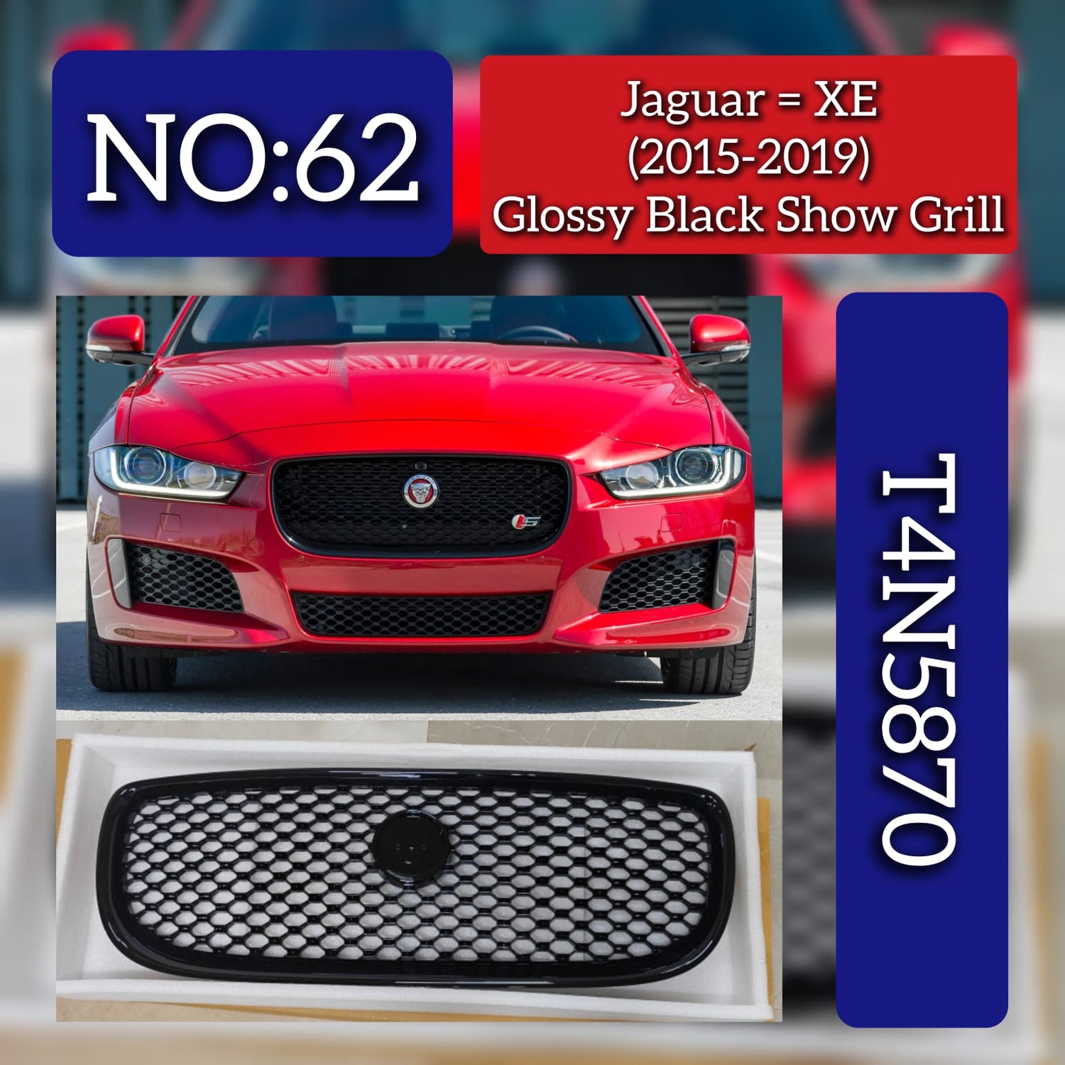Glossy Black Show Grill T4N5870 Compatible With Jaguar XE (2015-2019) Tag No.62