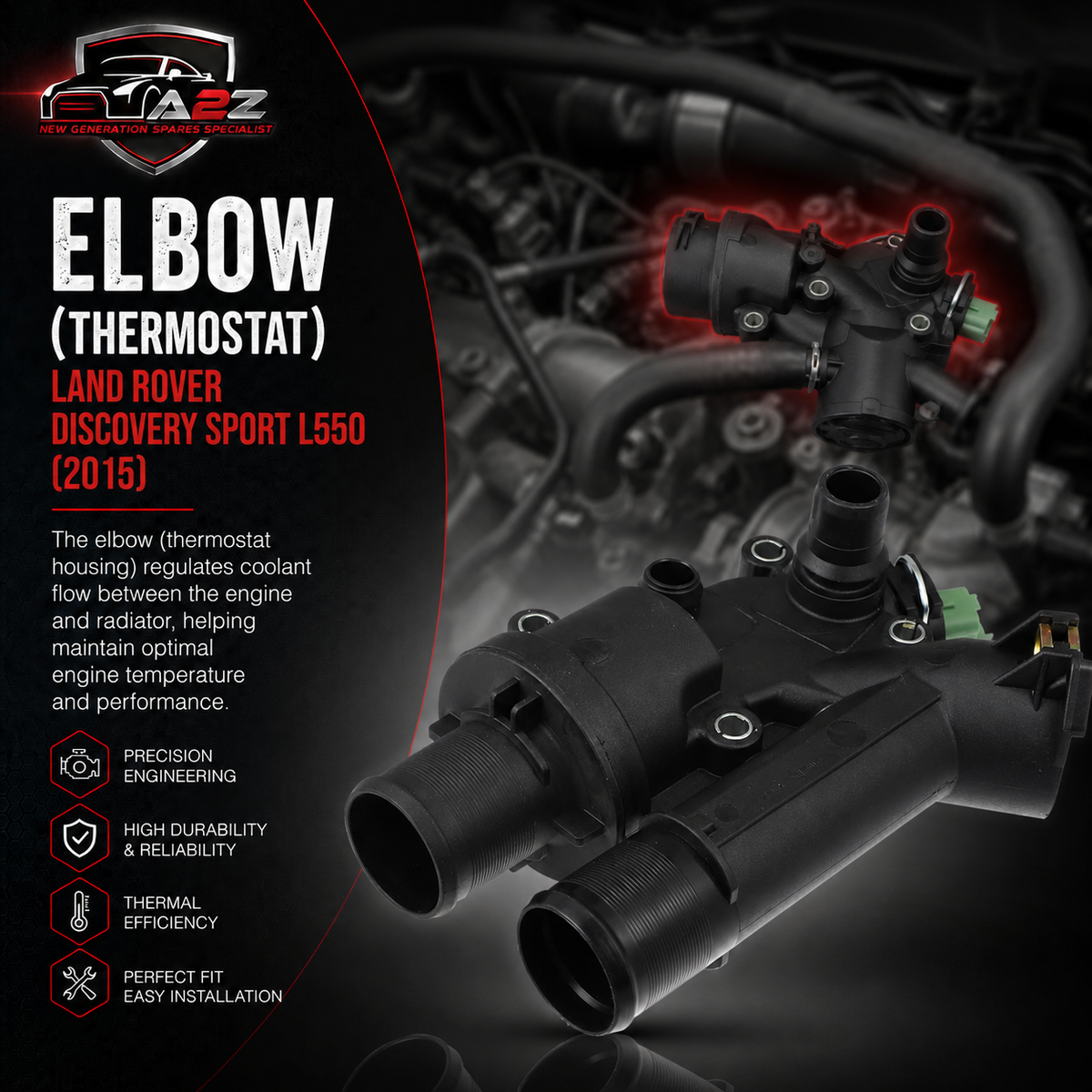 Elbow (Thermostat) LR001312 Compatible With JAGUAR XF I X250 & LAND ROVER DISCOVERY SPORT L550, RANGE ROVER EVOQUE L538 Tag-E-111