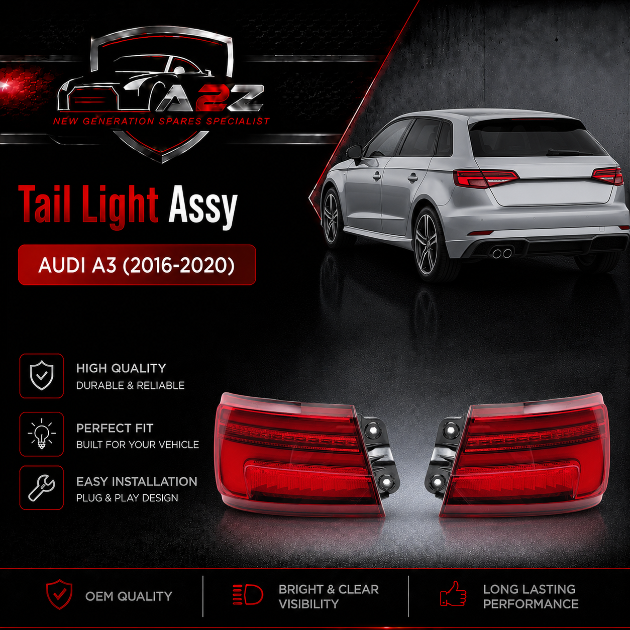 Tail Light Rear Lamp Compatible With AUDI A3 (2016-2020) Tail Light Rear Lamp Right 8V5945069B 8V5945069A & Left 8V5945070B 8V5945070A