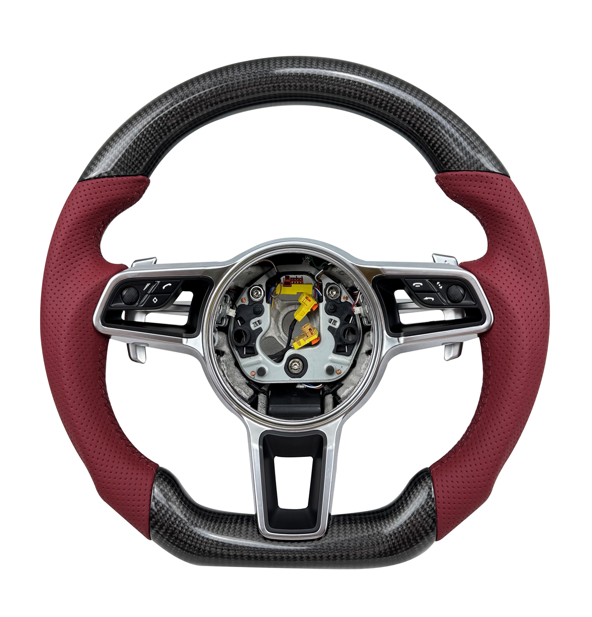 Carbon Fiber & Burgundy Perforated Leather Steering Wheel Compatible With Porsche All Models