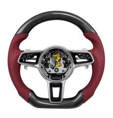Carbon Fiber & Burgundy Perforated Leather Steering Wheel Compatible With Porsche All Models