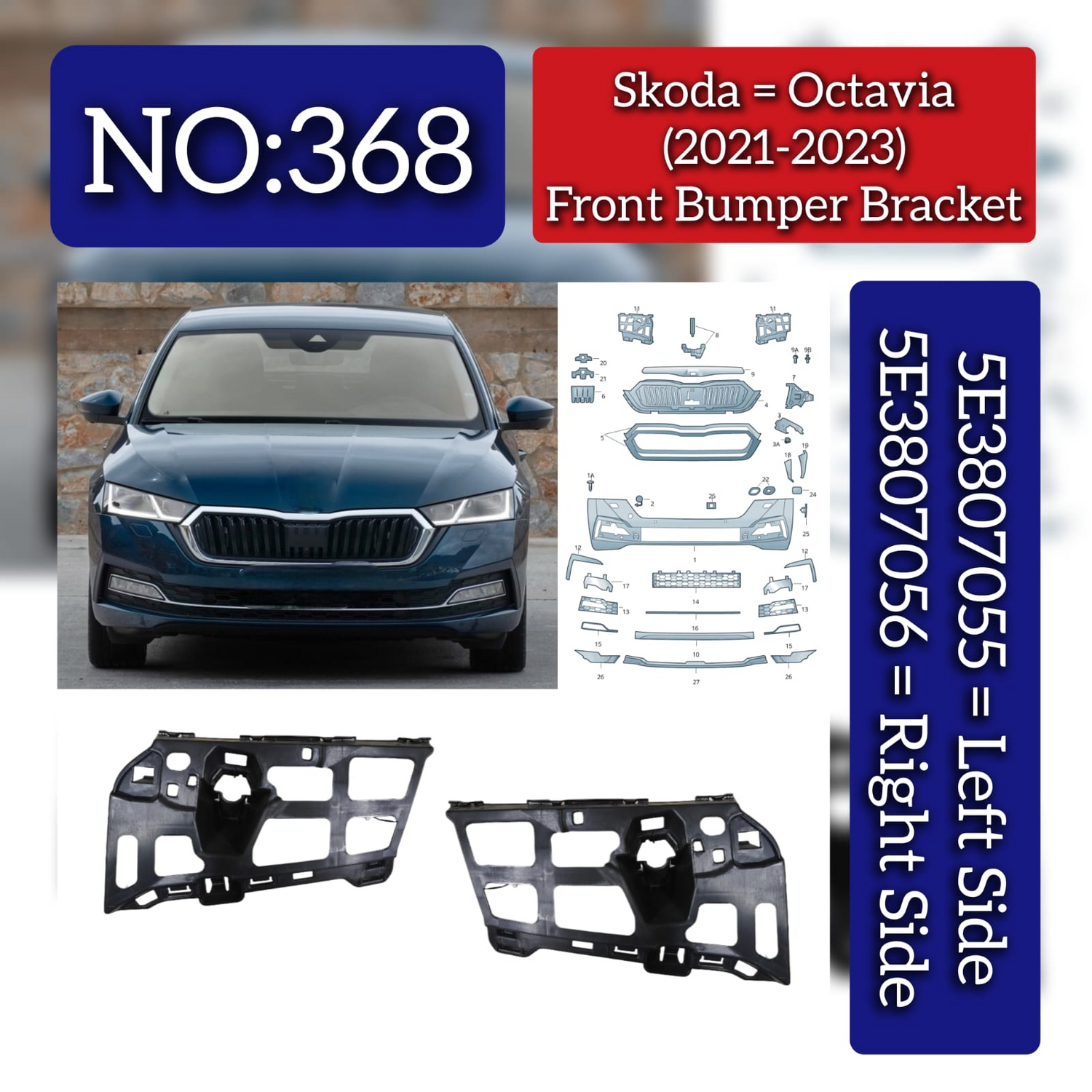 Front Bumper Bracket Set Left 5E3807055 & Right 5E3807056 Compatible With Skoda Octavia (2021-2023) Tag No.368