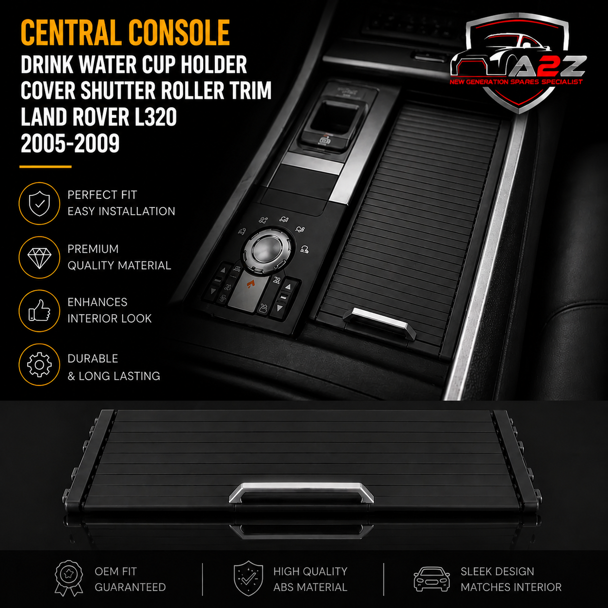 Black Central Console Drink Water Cup Holder Cover Shutter Roller Trim FHM500032-1 Compatible With  Land Rover L320 2005-2009