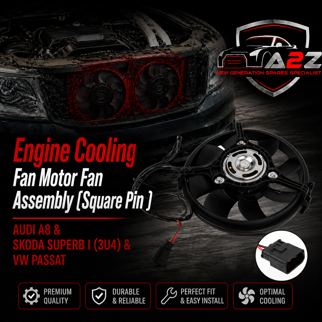 Engine Cooling Fan Motor Fan Assembly (Square Pin ) 8D0959455R Compatible With AUDI A8 & SKODA SUPERB I (3U4) &VW PASSAT