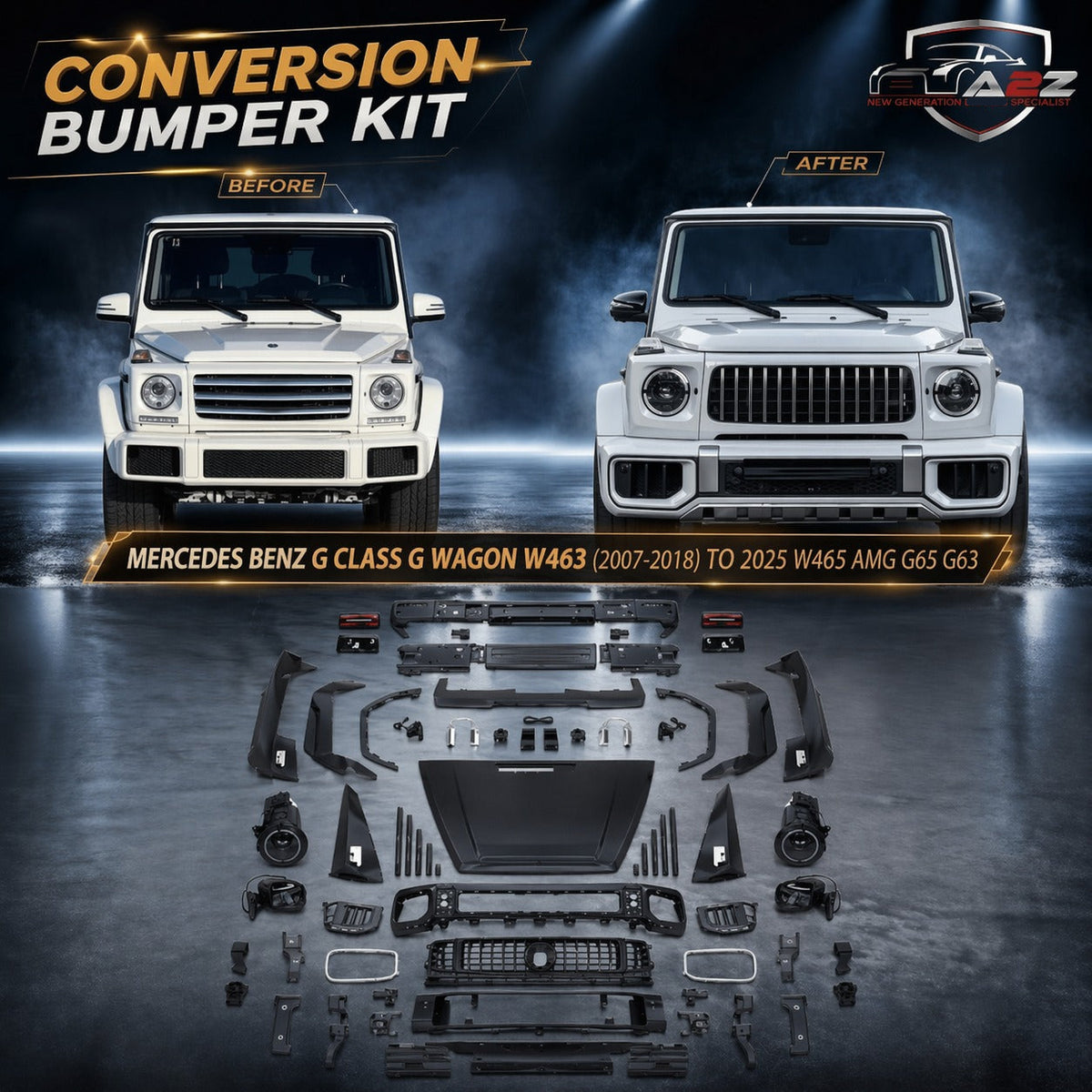 A To Z Compatible With Mercedes Benz G Class G Wagon W463 (2007-2018) Upgrade Facelift Convert To 2025 W465 Amg G65 G63 Conversion Body Kit Bumper Headlight Taillight Hood CC-9742 (Shipping Cost Not Included In Price)