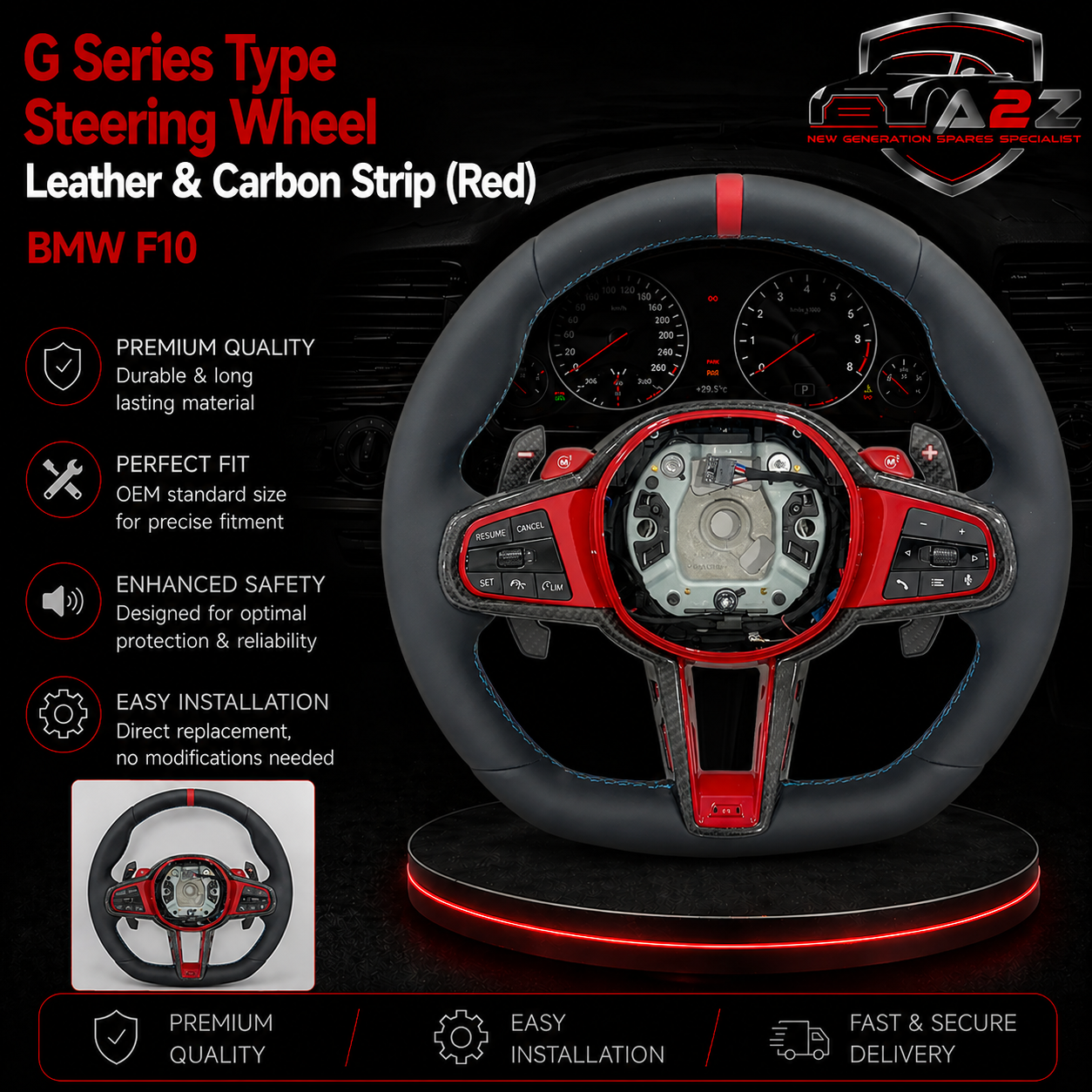 G Series Type Steering Wheel Leather & Carbon Strip (Red) Compatible With BMW For F10