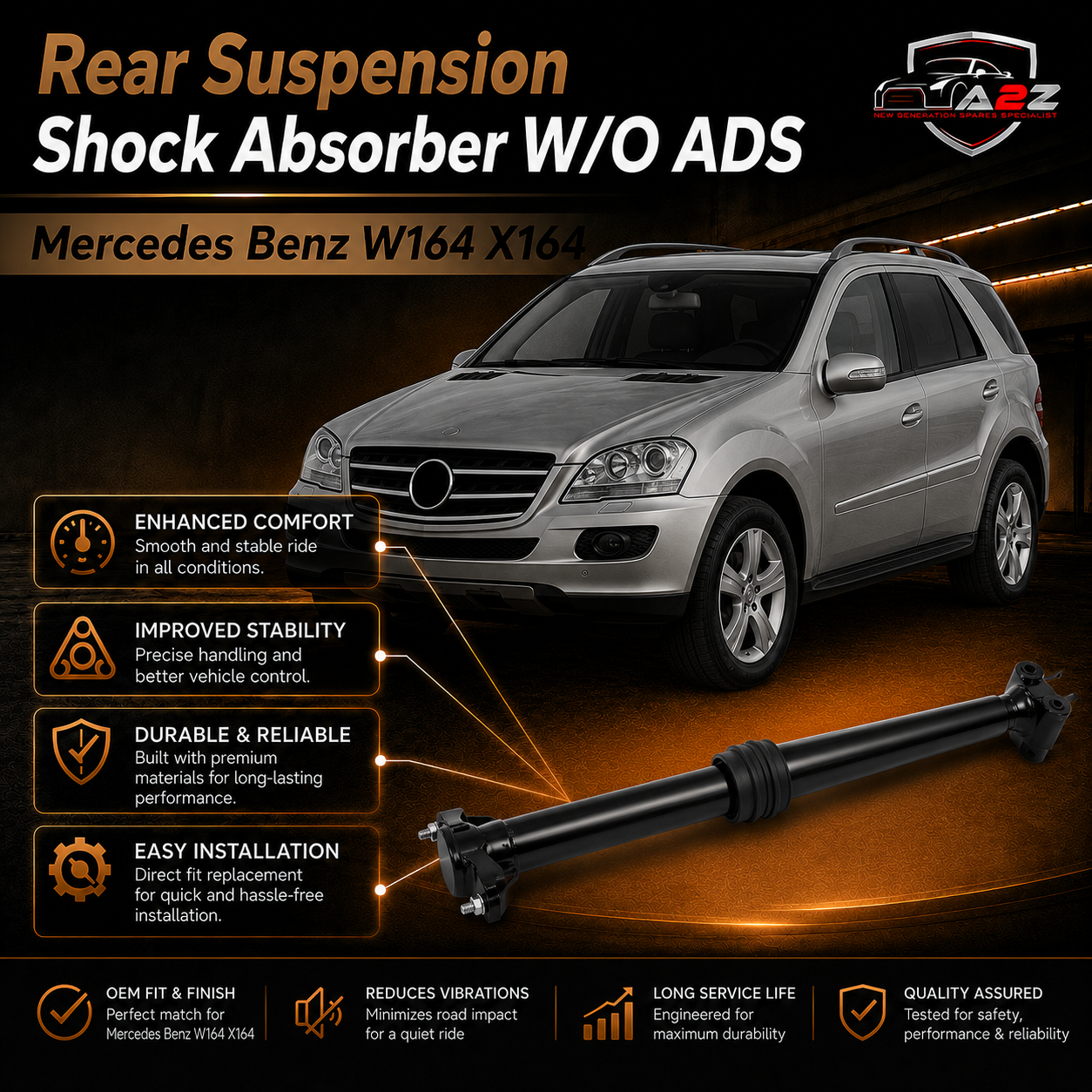Rear Suspension Shock Absorber W/O ADS 1643200931 1643201531 1643201631 1643202431 1643202531 A1643200931 A1643201531 A1643201631 A1643202431 A1643202531 Compatible With Mercedes Benz W164 X164