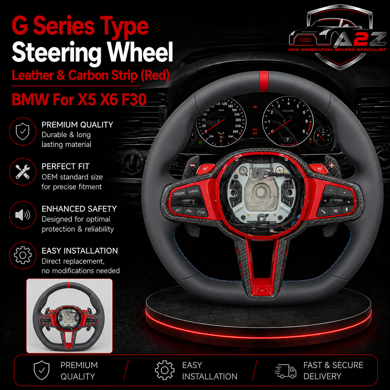 G Series Type Steering Wheel Leather & Carbon Strip (Red) Compatible With BMW For X5 X6 F30