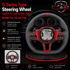 G Series Type Steering Wheel Leather & Carbon Strip (Red) Compatible With BMW For X5 X6 F30
