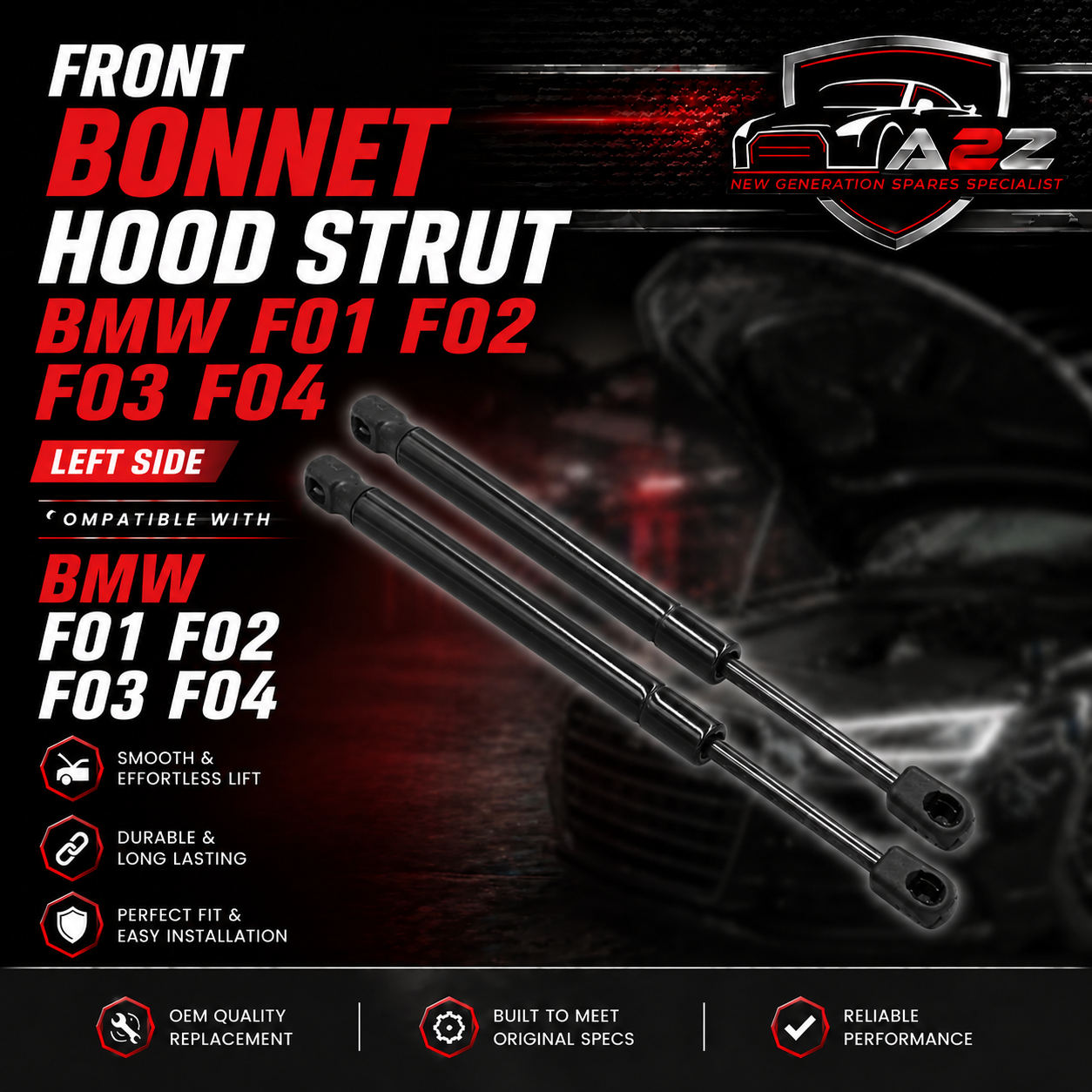Front Bonnet Hood Strut Set 51237185032 Compatible With BMW 7 Series (F01, F02, F03, F04)