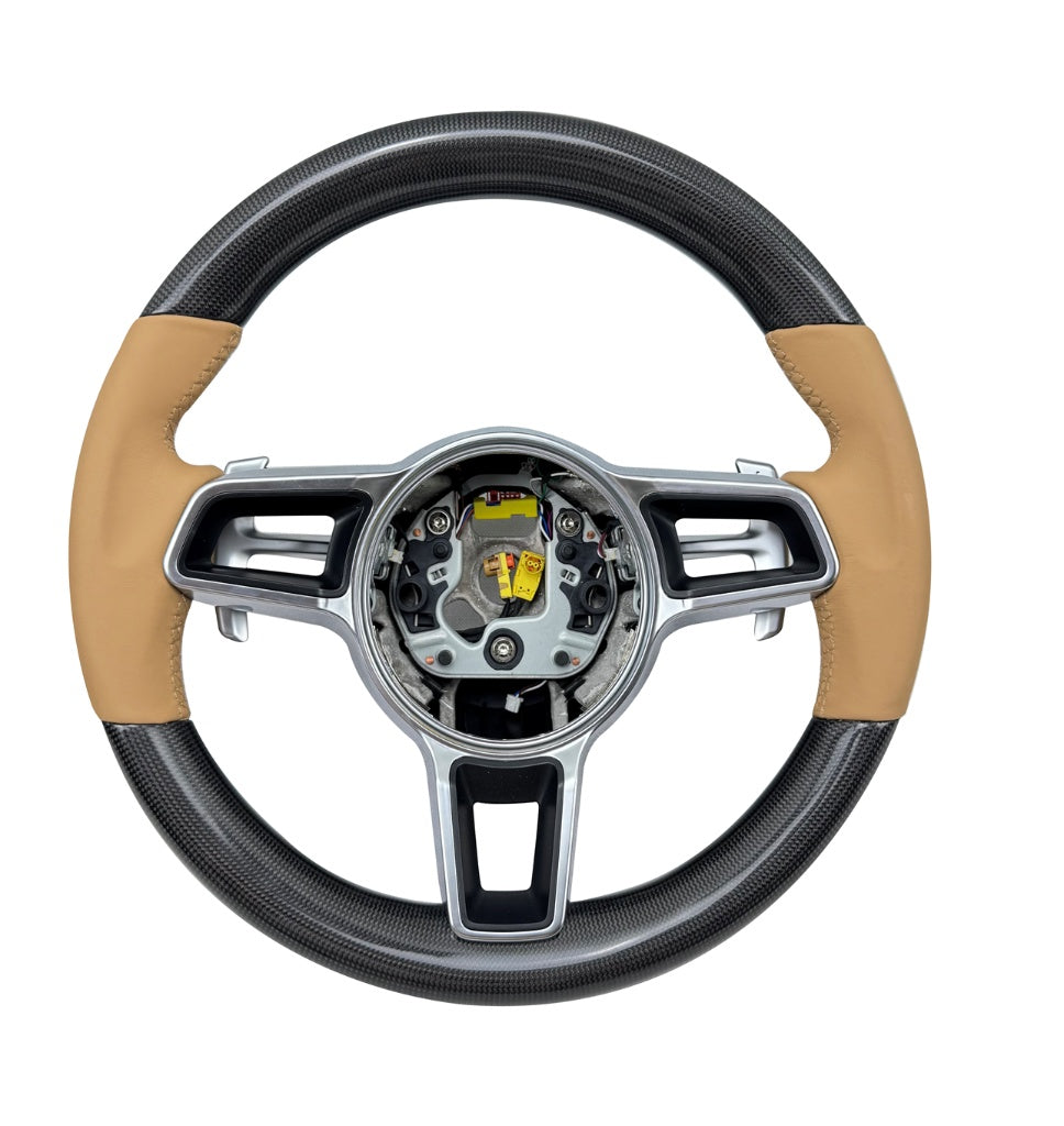 Carbon Fiber & Beige Leather Custom Steering Wheel Compatible With Porsche All Models