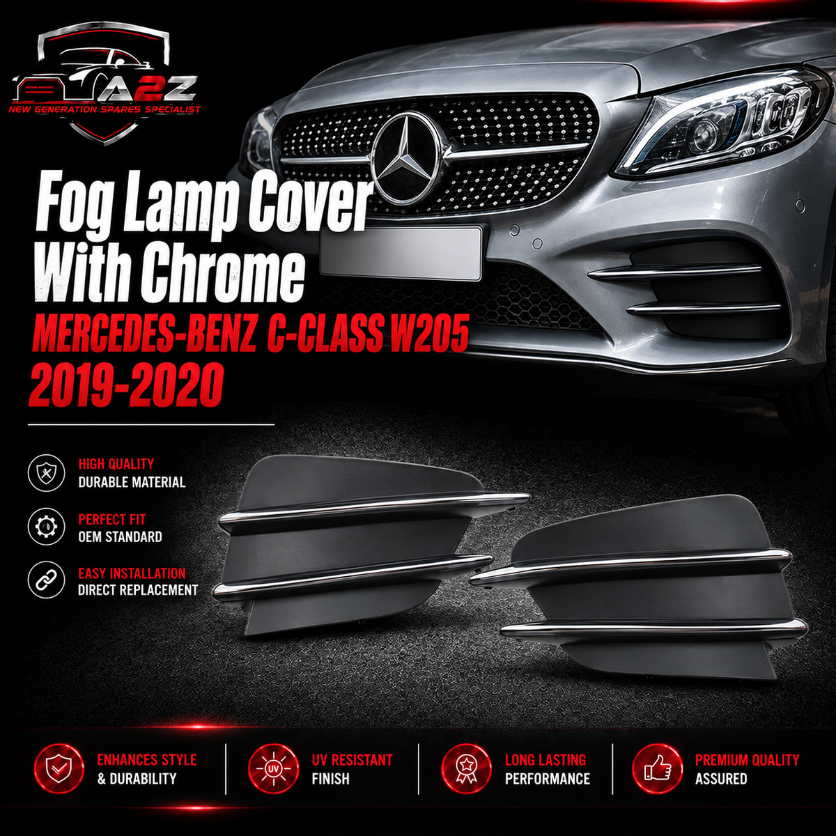 Fog Lamp Cover With Chrome Compatible With MERCEDES-BENZ C-CLASS W205 2019-2020 Fog Lamp Cover With Chrome Left 2058857202 & Right 2058857302 2058850374 Tag-FC-274