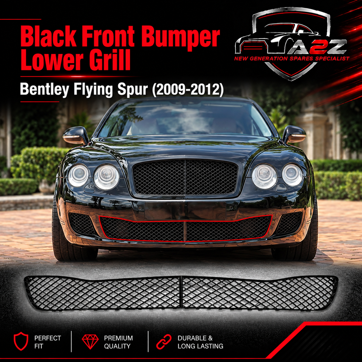 Black Front Bumper Lower Grill 3W5807667 Compatible With Bentley Flying Spur (2009-2012) Tag No.252