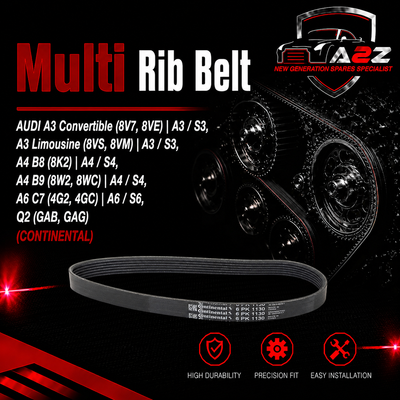 Multi RIB Belt 6PK1130 06K903137A Compatible With AUDI A3 Convertible (8V7, 8VE) | A3 / S3, A3 Limousine (8VS, 8VM) | A3 / S3, A4 B8 (8K2) | A4 / S4, A4 B9 (8W2, 8WC) | A4 / S4, A6 C7 (4G2, 4GC) | A6 / S6, Q2 (GAB, GAG) (CONTINENTAL)