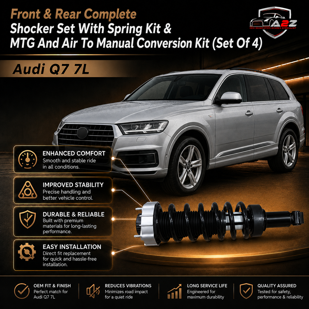 Front & Rear Complete Shocker Set With Spring Kit & MTG And Air To Manual Conversion Kit (Set Of 4) 7L8413031J 7L8413032J 7L8513029K Compatible With Audi Q7 7L