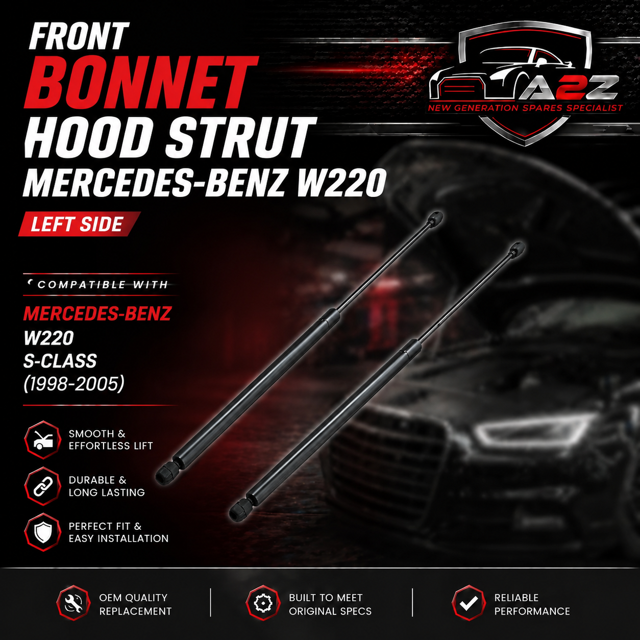 Front Bonnet Hood Strut Set 2208800329 Compatible With MERCEDES-BENZ S-CLASS (W220)