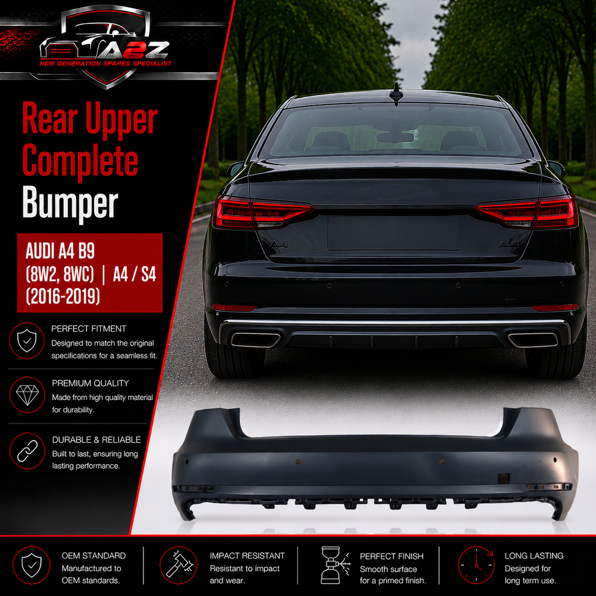 Rear Upper Complete Bumper 8W5807067A 8W5807067AGRU Compatible With AUDI A4 B9 (8W2, 8WC) | A4 / S4