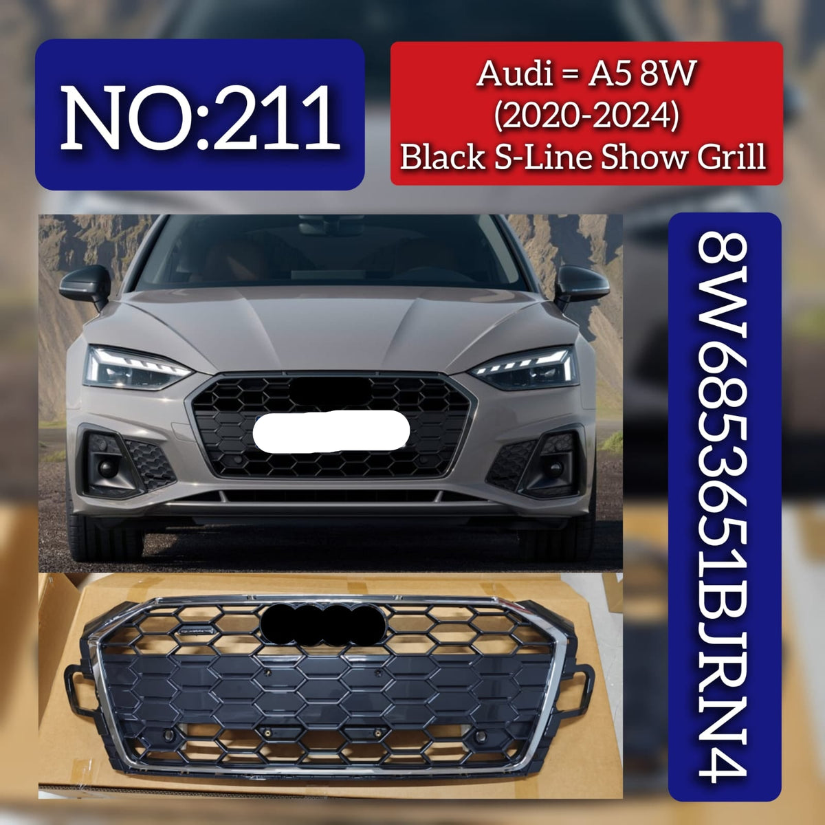 Black S-Line Show Grille 8W6853651BJRN4 Compatible With Audi A5 (2020-2024) Tag No.211