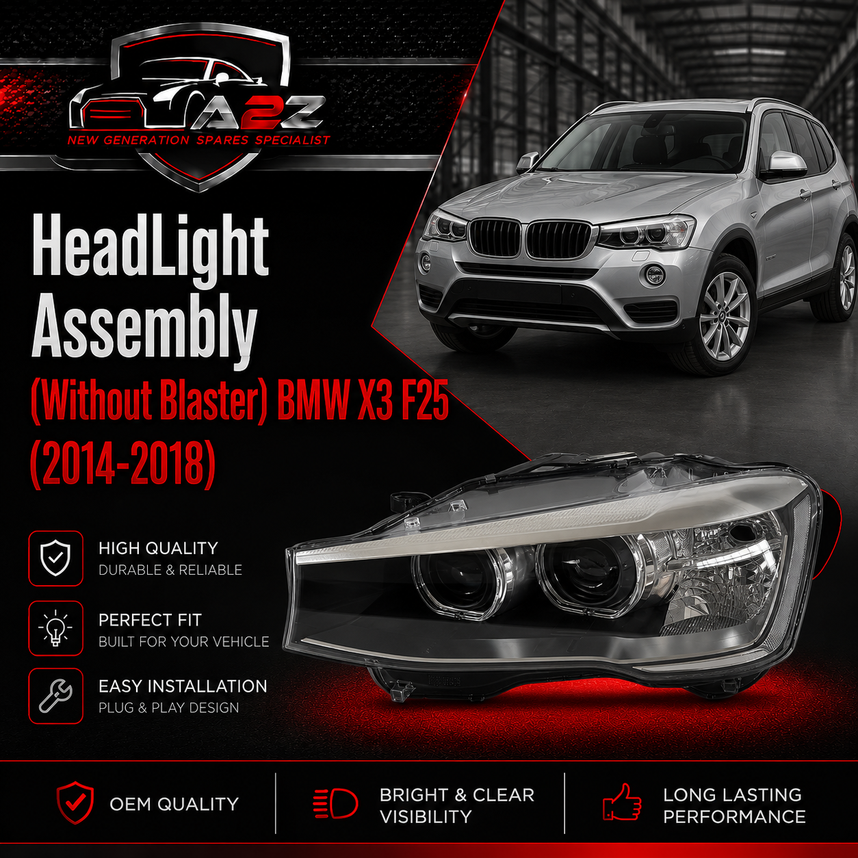 Complete Headlight Assy Left 63117401131 & Right  63117401132 (Without Blaster) Compatible With BMW X3 F25  (2014-2018) Tag No.72