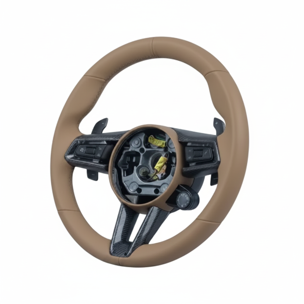 Carbon Fiber & Full Beige Leather Steering Wheel with Drive Mode Selector Compatible With Porsche All Models