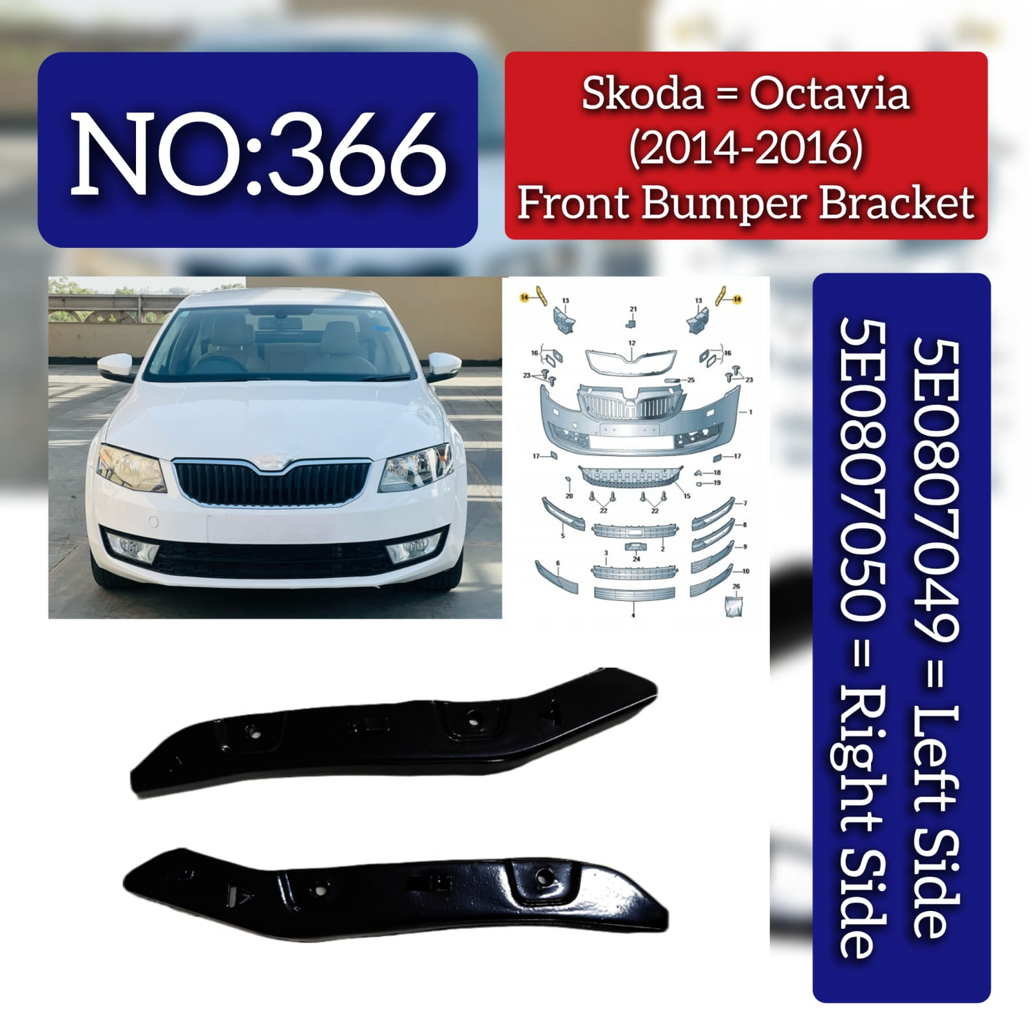 Front Bumper Bracket Set Left 5E0807049 & Right 5E0807050 Compatible With Skoda Octavia (2014-2016) Tag No.366