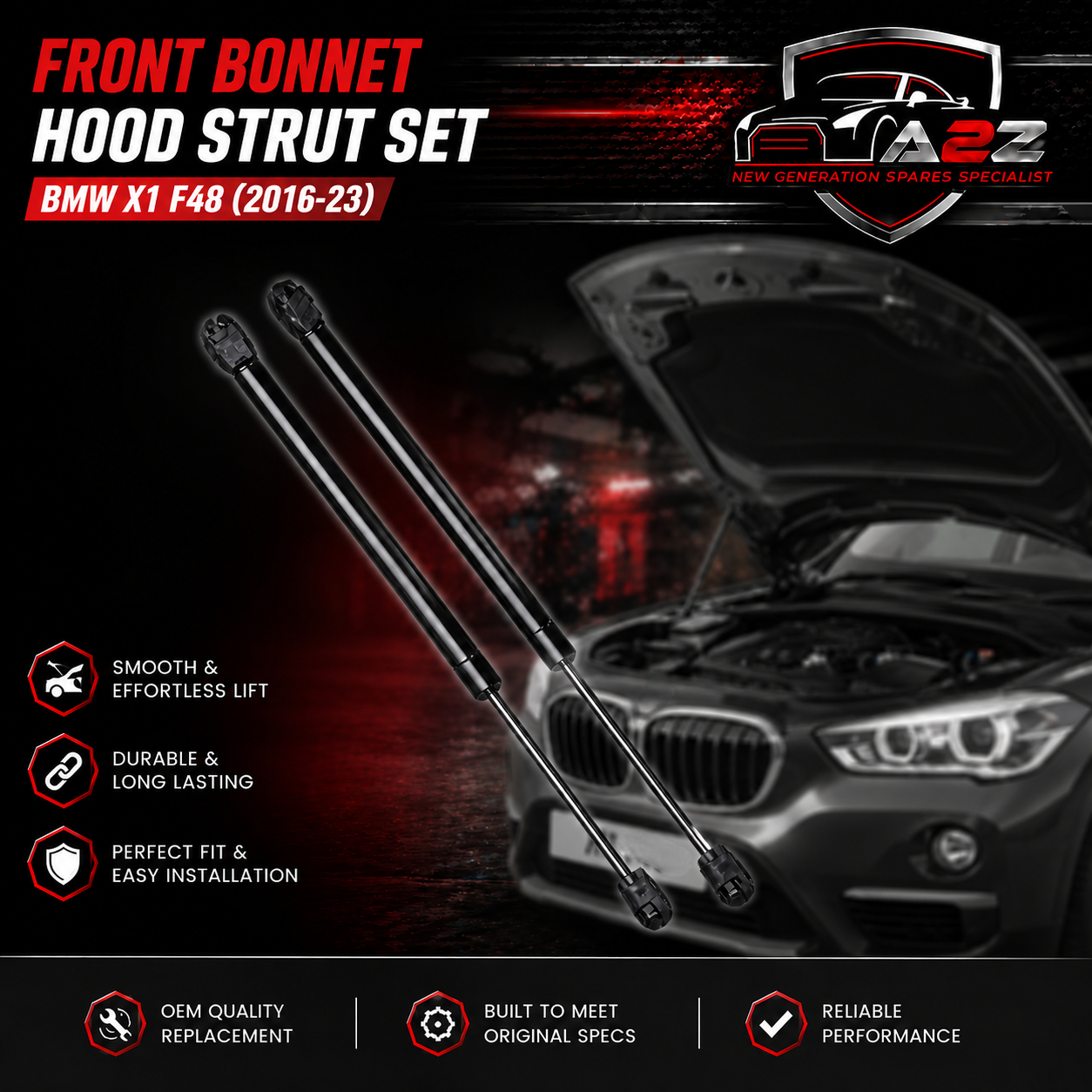 Front Bonnet Hood Strut Set 51237329410 Compatible With  BMW X1 (F48)