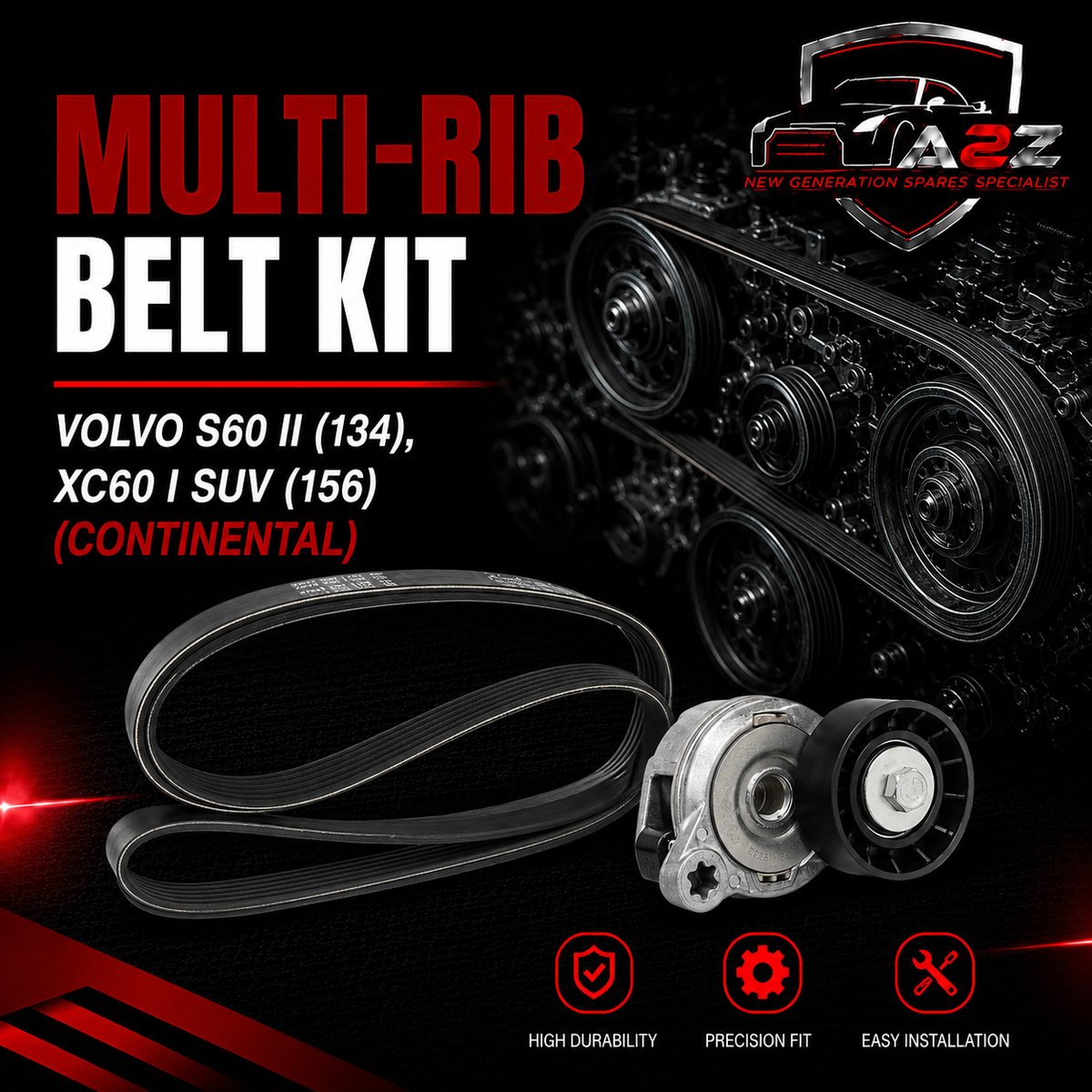 Multi Rib Belt Kit 5PK1121EXTRAK1 31401425 30757514 31258381 31330379 Compatible With VOLVO S60 II (134), XC60 I SUV (156) (CONTINENTAL)