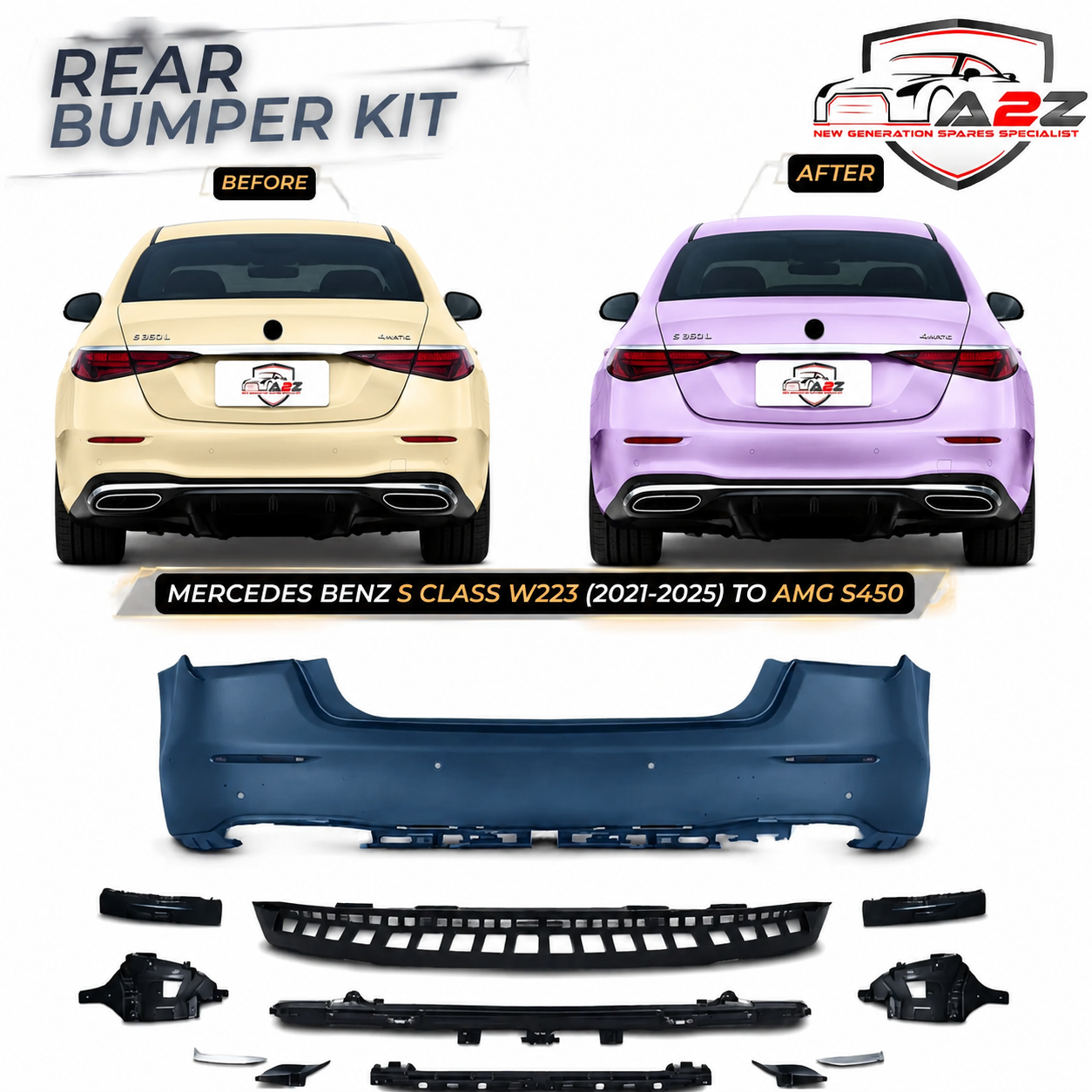 Rear Bumper Kit Compatible With Mercedes Benz S Class W223 (2021-2025) Upgrade To Mercedes Benz AMG S450 (Shipping Cost Not Included In Price)
