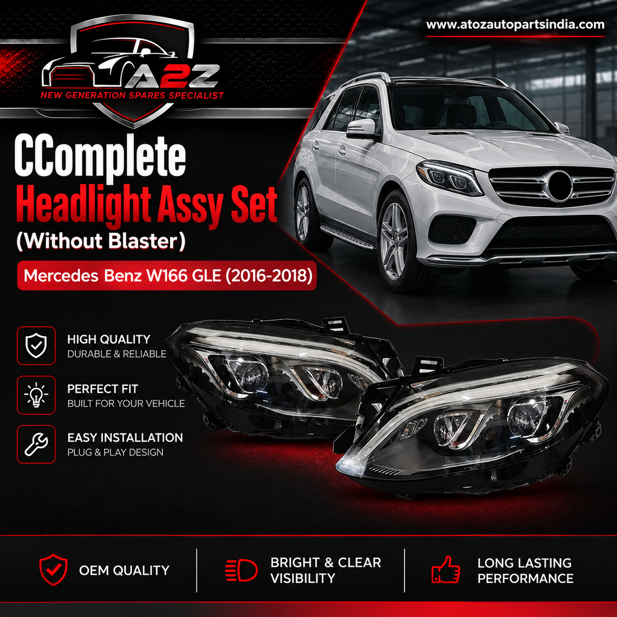 Complete Headlight Assy Set (Without Blaster) Left 1669062103 & Right 1669062203 Compatible With Mercedes Benz W166 GLE (2016-2018) Tag No.116