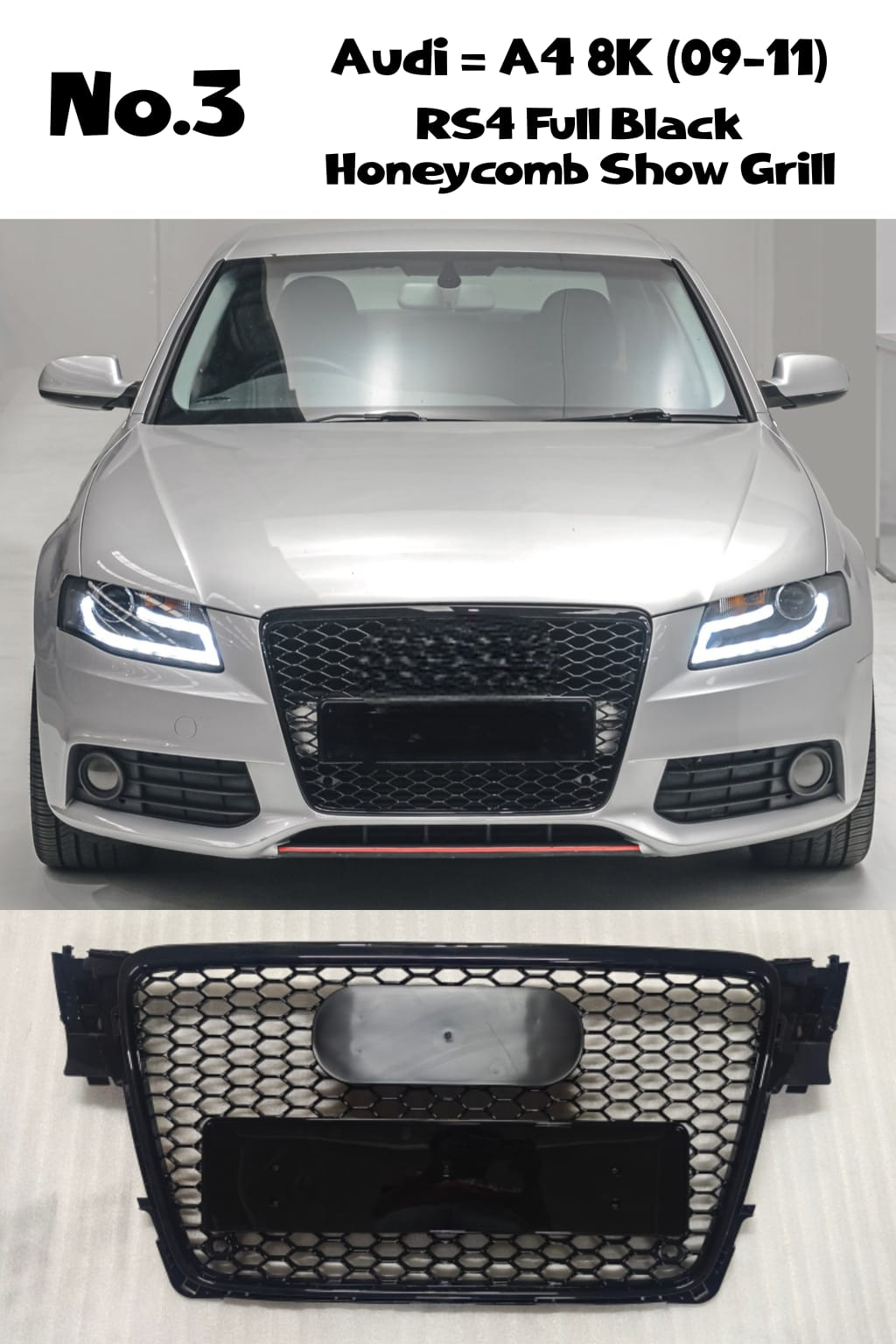 RS4 Full Black Honeycomb Show Grill Compatible With Audi = A4 (2009-11) Tag No.3